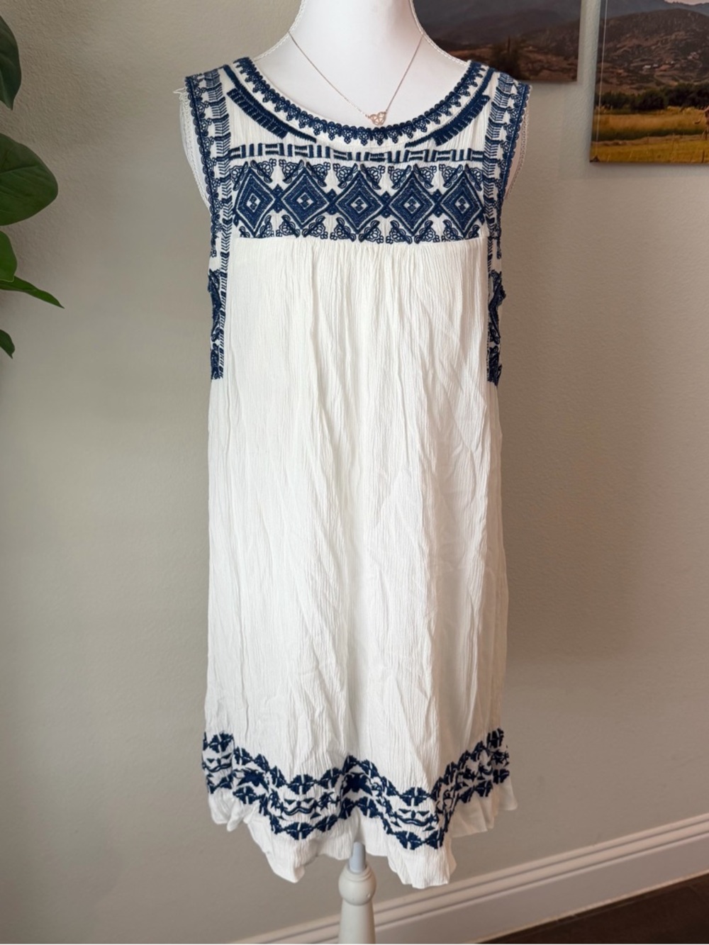 Lucky Brand White Dress with Navy Embroidery